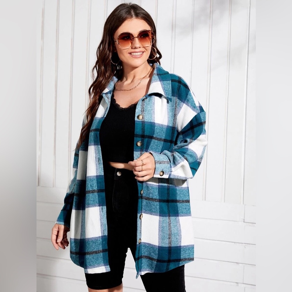 PLUS SIZE SHACKET - PLAID DROP SHOULDER BUTTON UP TUNIC